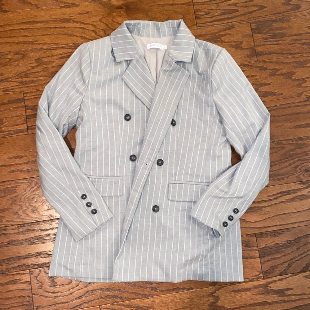 Double breasted button down blazer. Pinstripes